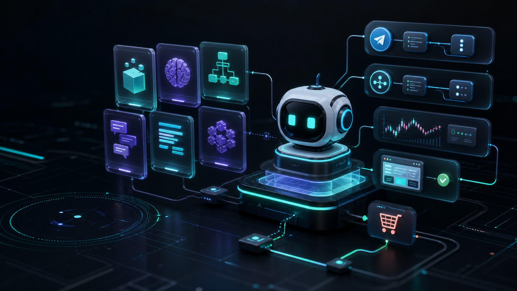 SkillKit AI automation product engine with bot workflows, prompt cards, API connectors, and checkout signals